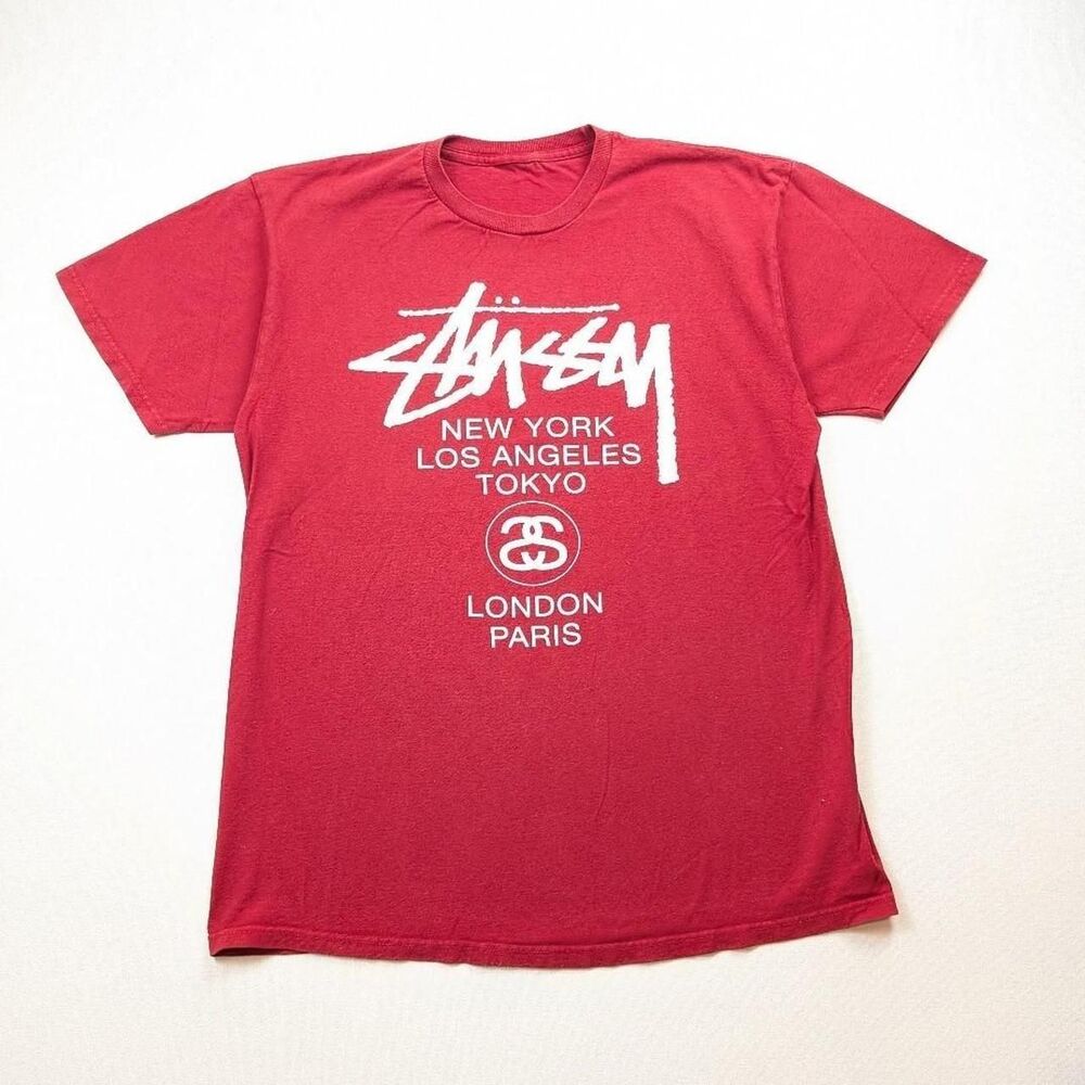 Y2K Stussy Worldwide Red T-shirt World Tour Tee Size Medium/Large?